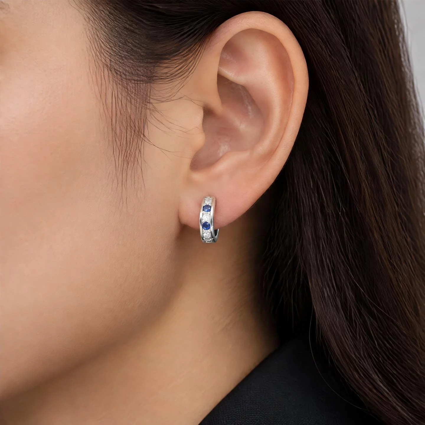 Sapphire Blue Sterling Silver Huggie Hoops