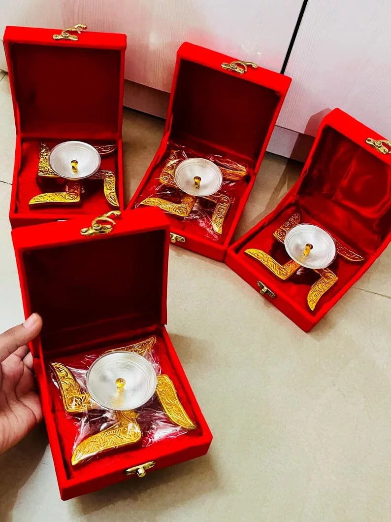Elegant German Silver & Gold Plated Swastika Diya