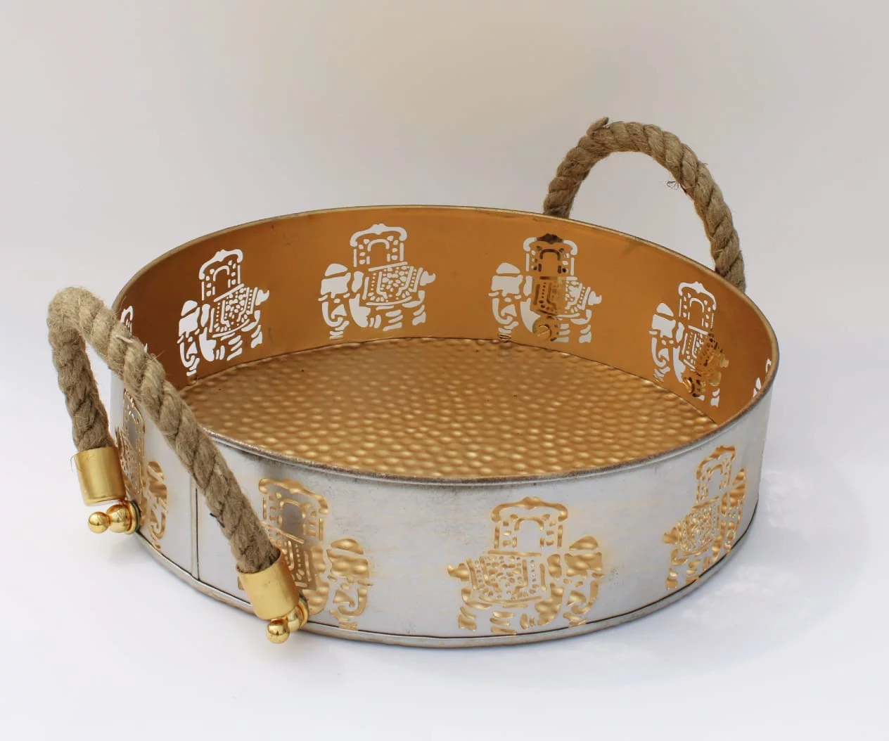 Gold & White Round Elephant Trays Set Of Two