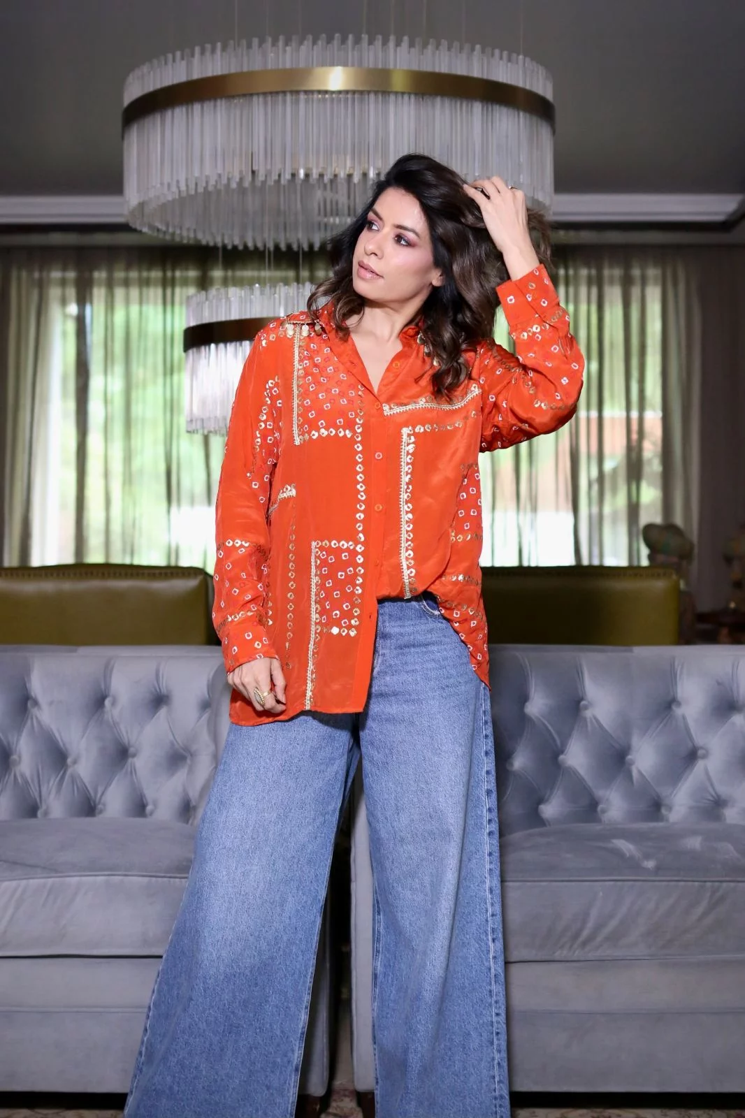 Orange Crepe Bandhani Shirt for Women in Hand Block Foil Print