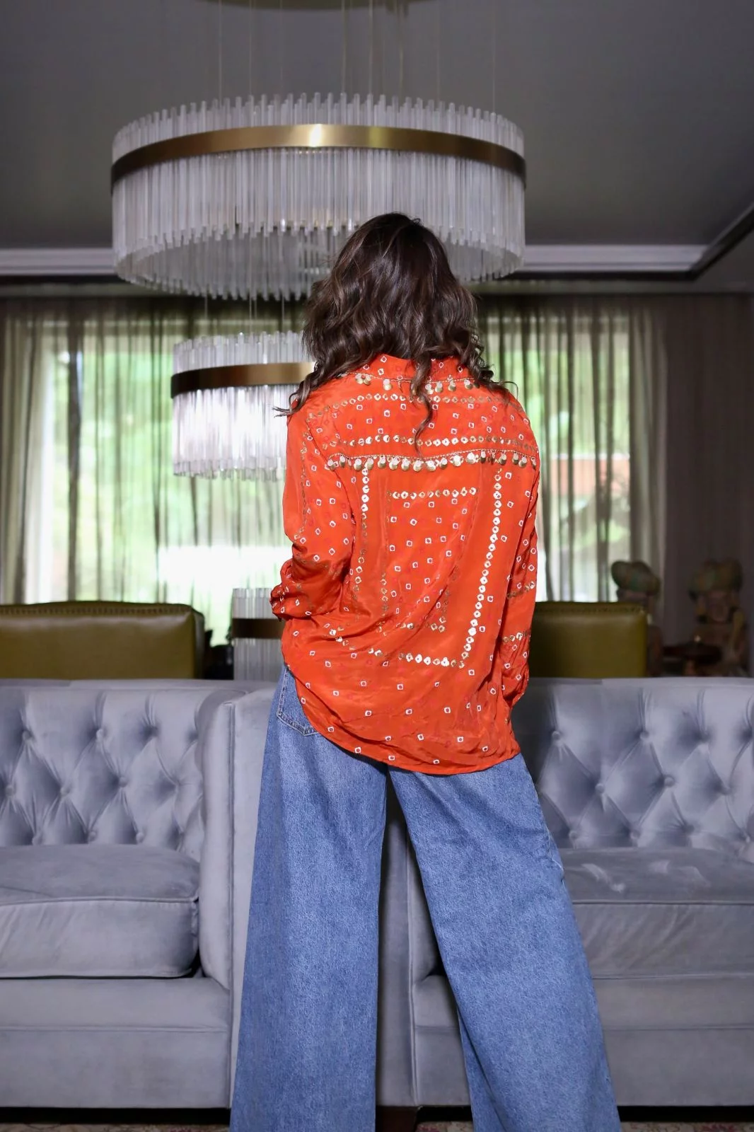 Orange Crepe Bandhani Shirt for Women in Hand Block Foil Print