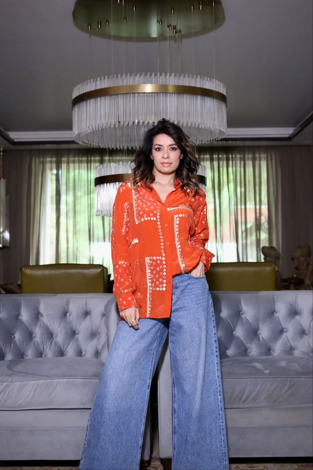 Orange Crepe Bandhani Shirt for Women in Hand Block Foil Print