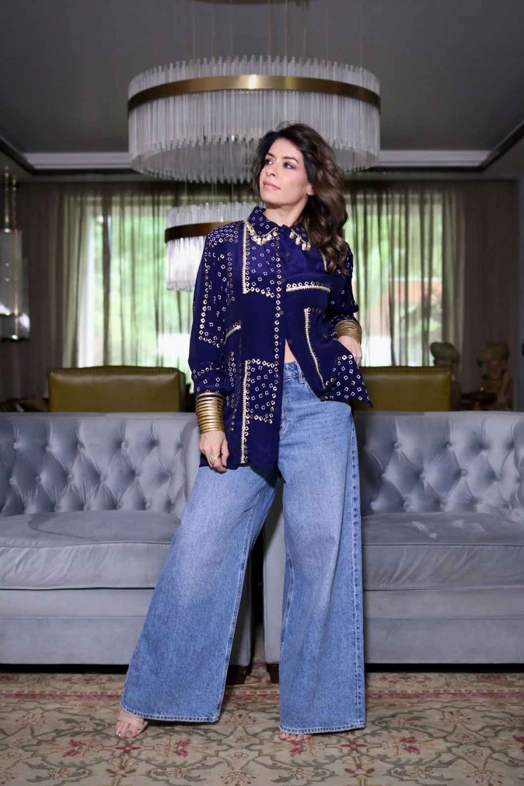 Navy Blue Crepe Bandhani Shirt for Women in Hand Block Foil Print