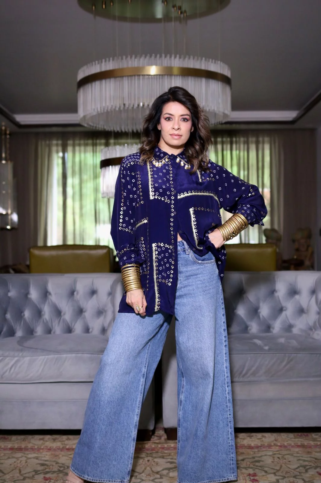 Navy Blue Crepe Bandhani Shirt for Women in Hand Block Foil Print