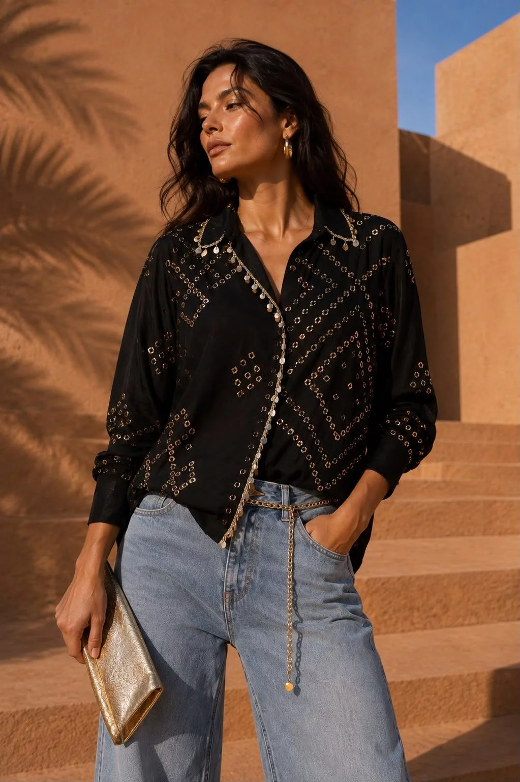 Black Crepe Bandhani Shirt for Women in Hand Block Foil Print