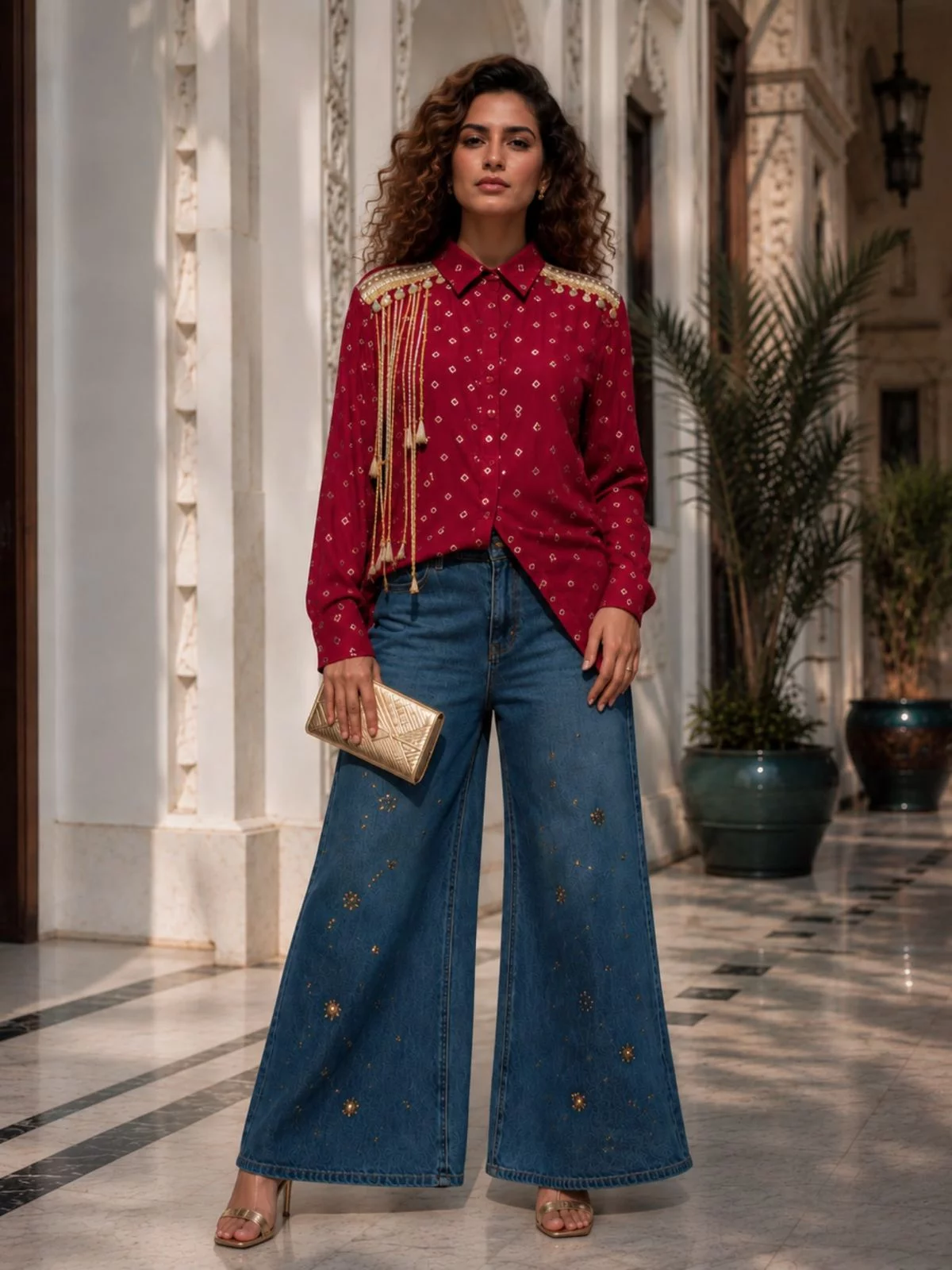 Maroon Crepe Bandhani Shirt for Women in Hand Block Foil Print