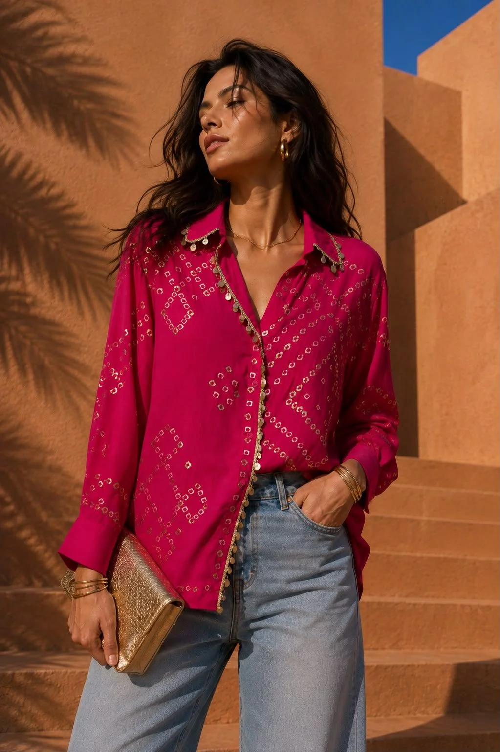 Rani Pink Crepe Bandhani Shirt for Women