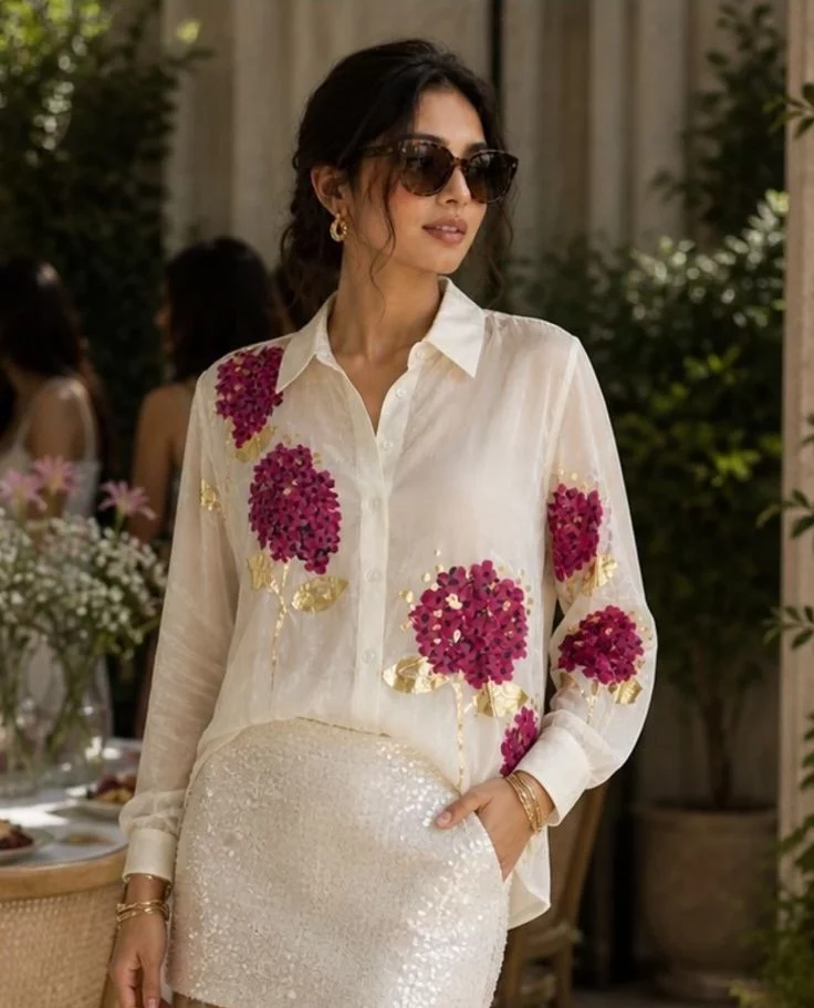 Ivory Floral Foil Print Shirt for Women