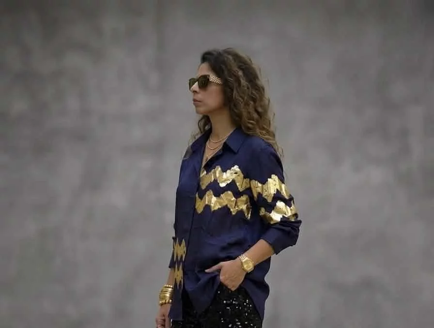 Navy Blue Gold Foil Print Shirt for Women