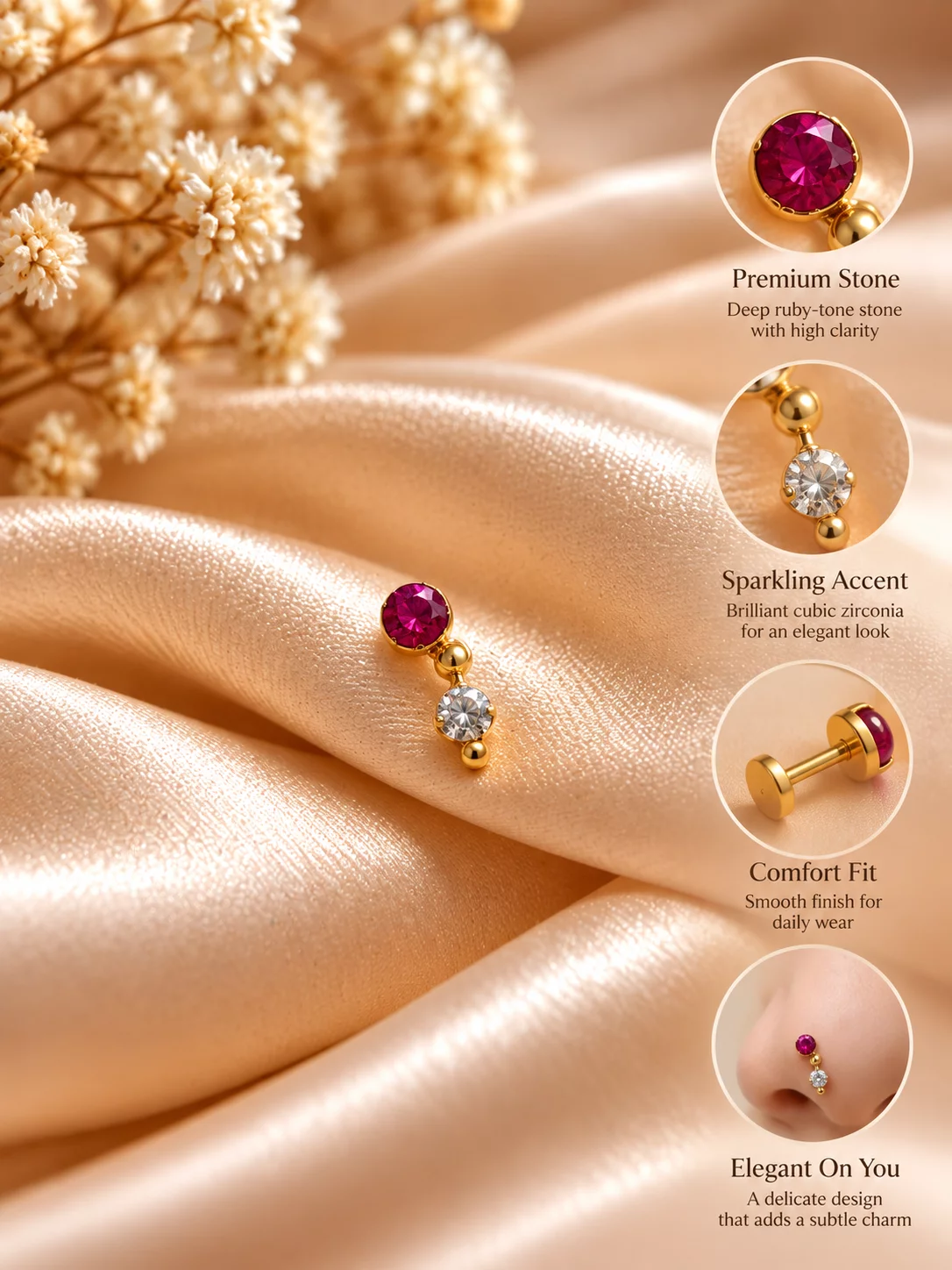 White and Red Stone Nose Pin