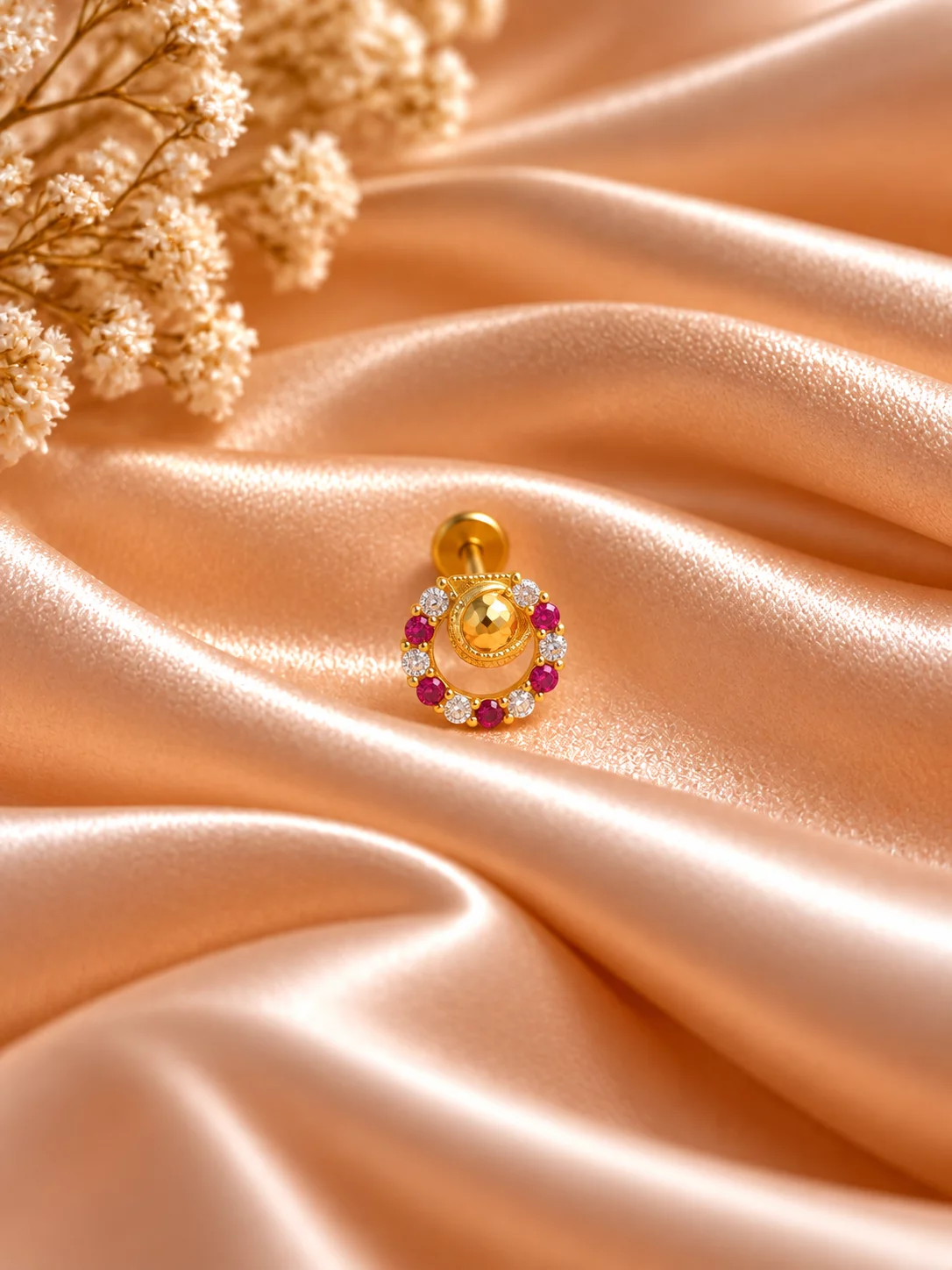 White and Red Stone Nose Pin