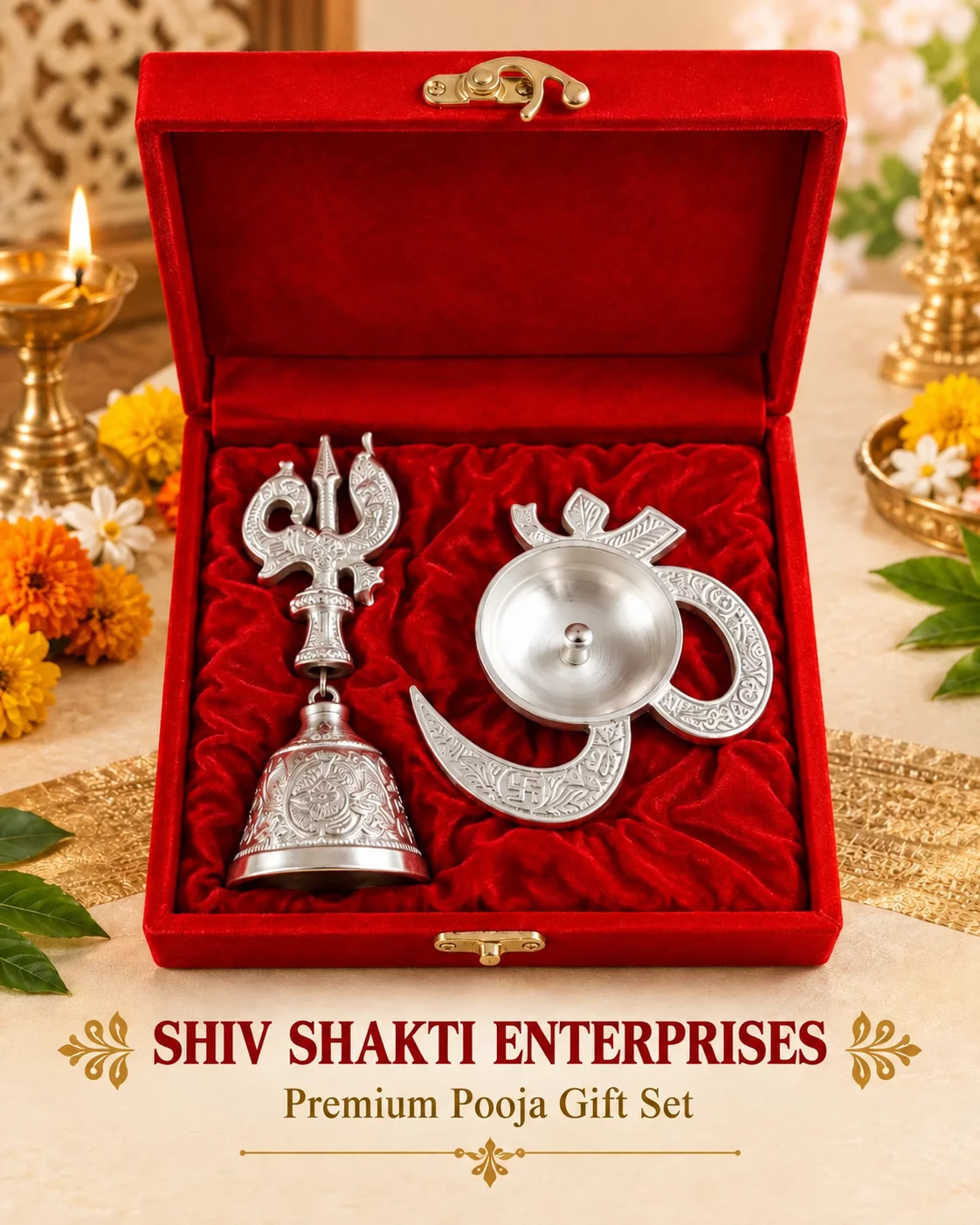 German Silver Diya and Bell Set with Red Velvet Gift Box