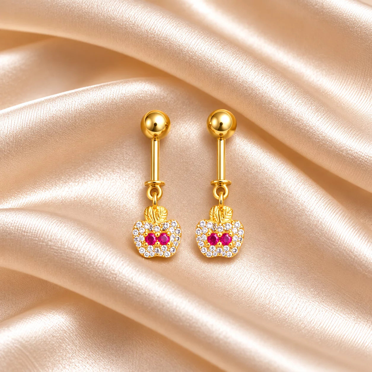 Gold Bugadi, Apple Design with Red and White Stones (0.81 g)