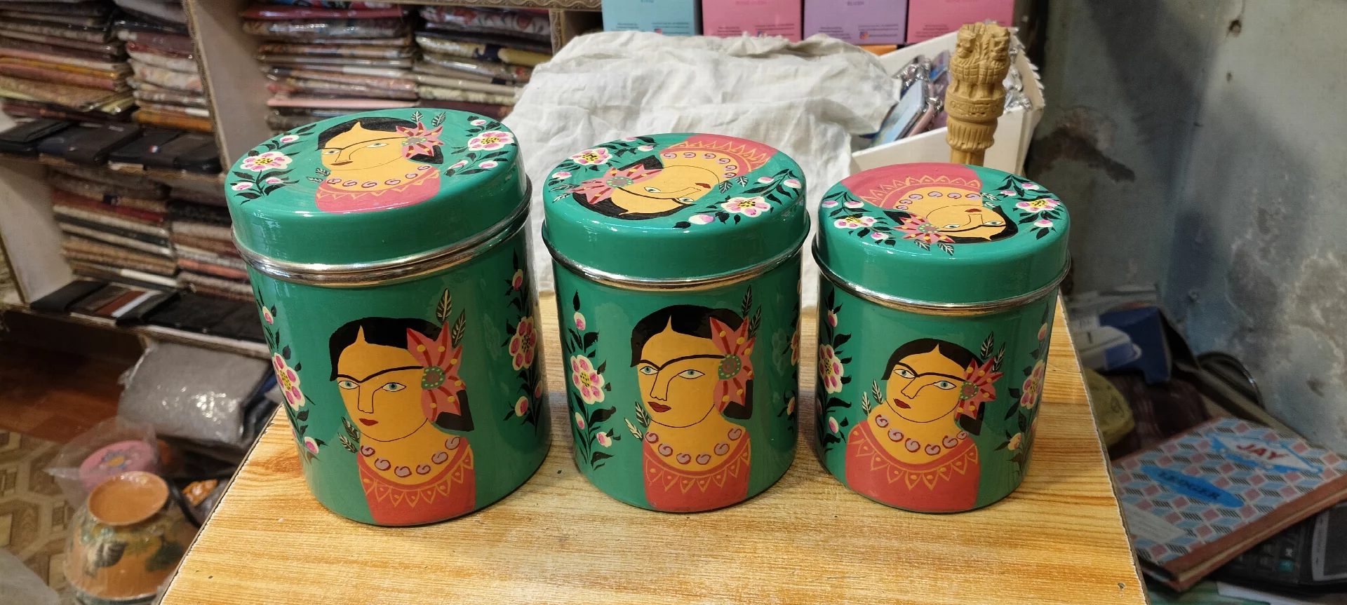 Tea Box Set of 3 Hand Painted on Stainless Steel