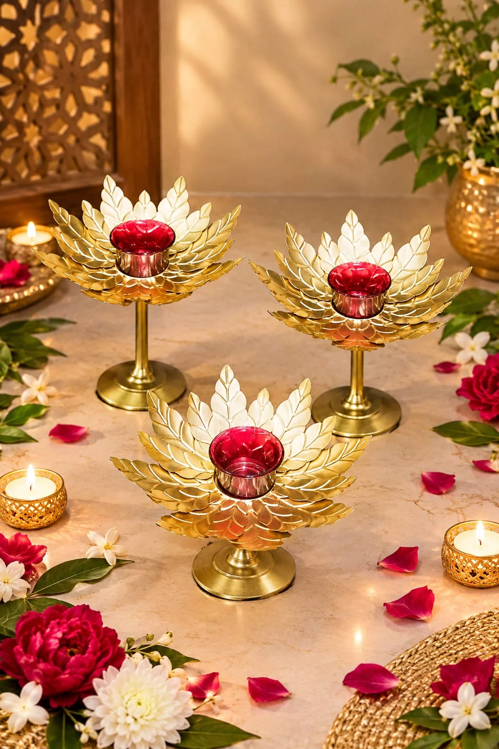 Lotus Tealight Stand (Set of 3) with glass