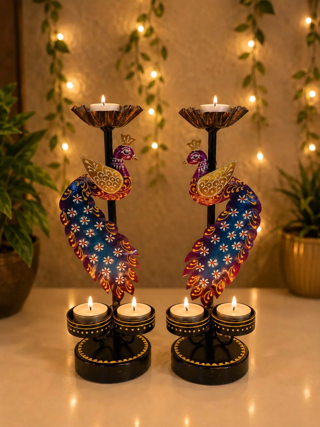 Peacock Diya Tealight Stand (Set of 2)
