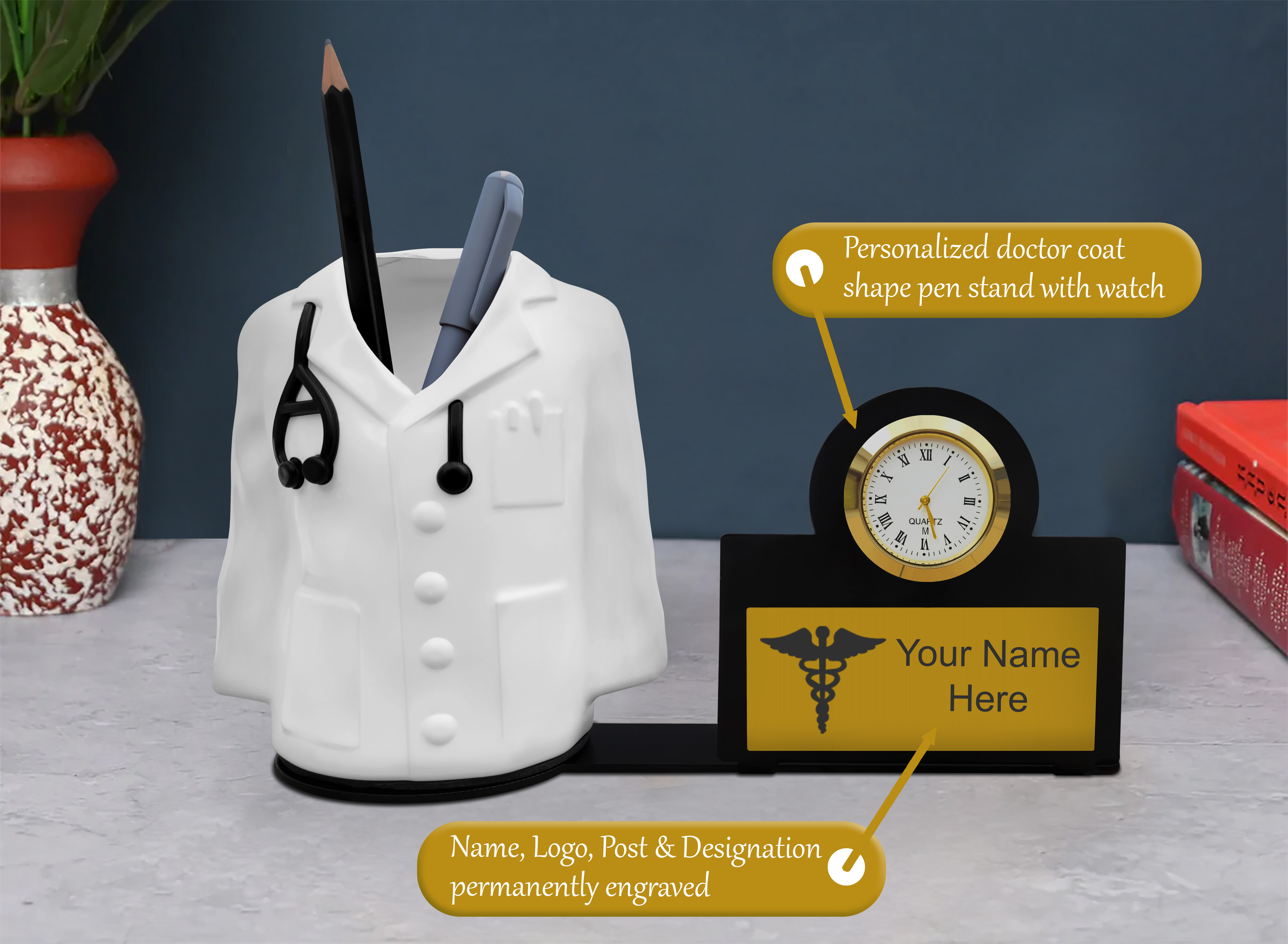 Personalized Doctor Coat Pen Stand with Watch-https://i-media.vyaparify.com/vcards/products/32405/Photo1-(1).jpg Image
