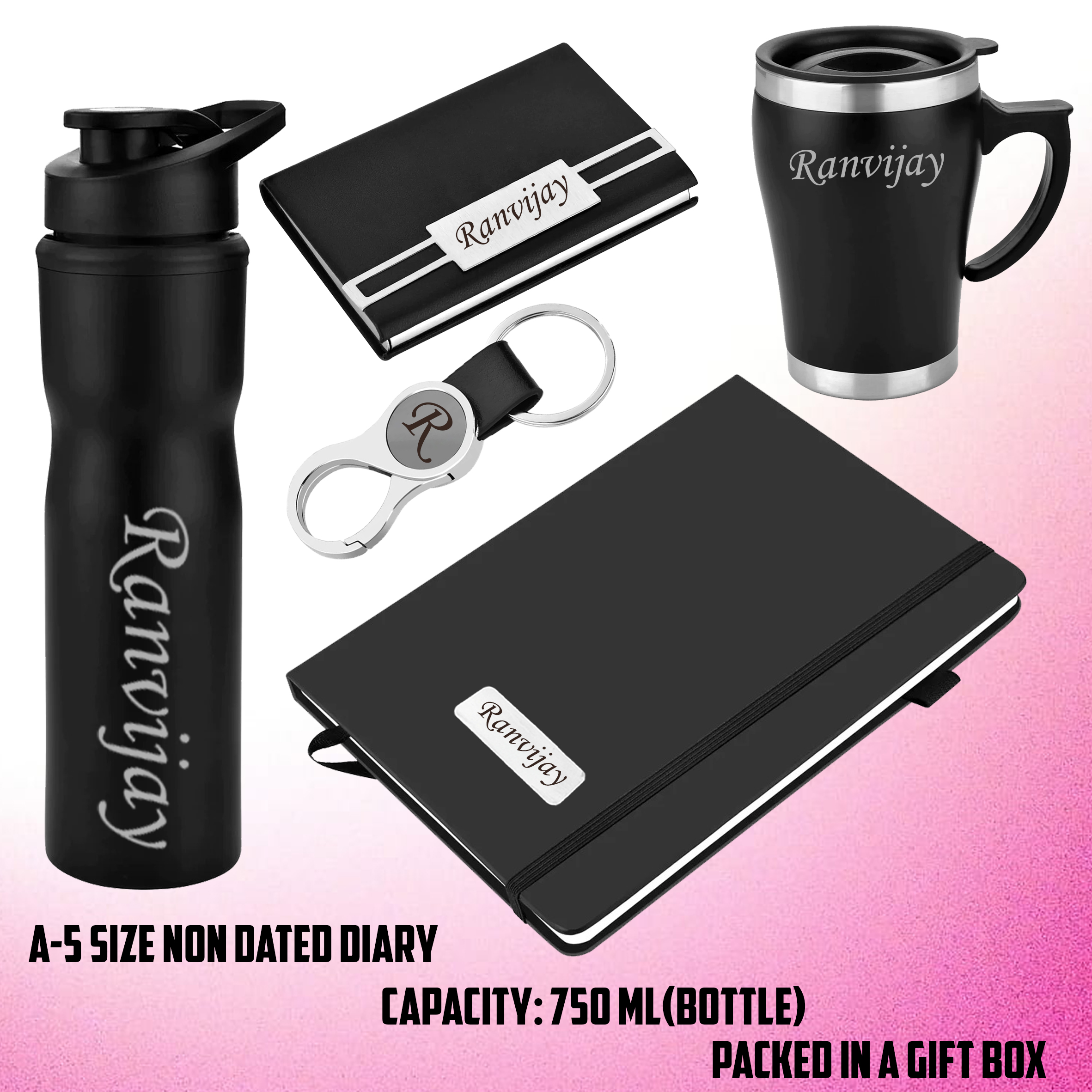 Personalized Employee Kit- Metal Pen, Keychain, Mug, Notebook diary, Card Holder &amp; Water Bottle-https://i-media.vyaparify.com/vcards/products/32424/5-(1).jpg Image