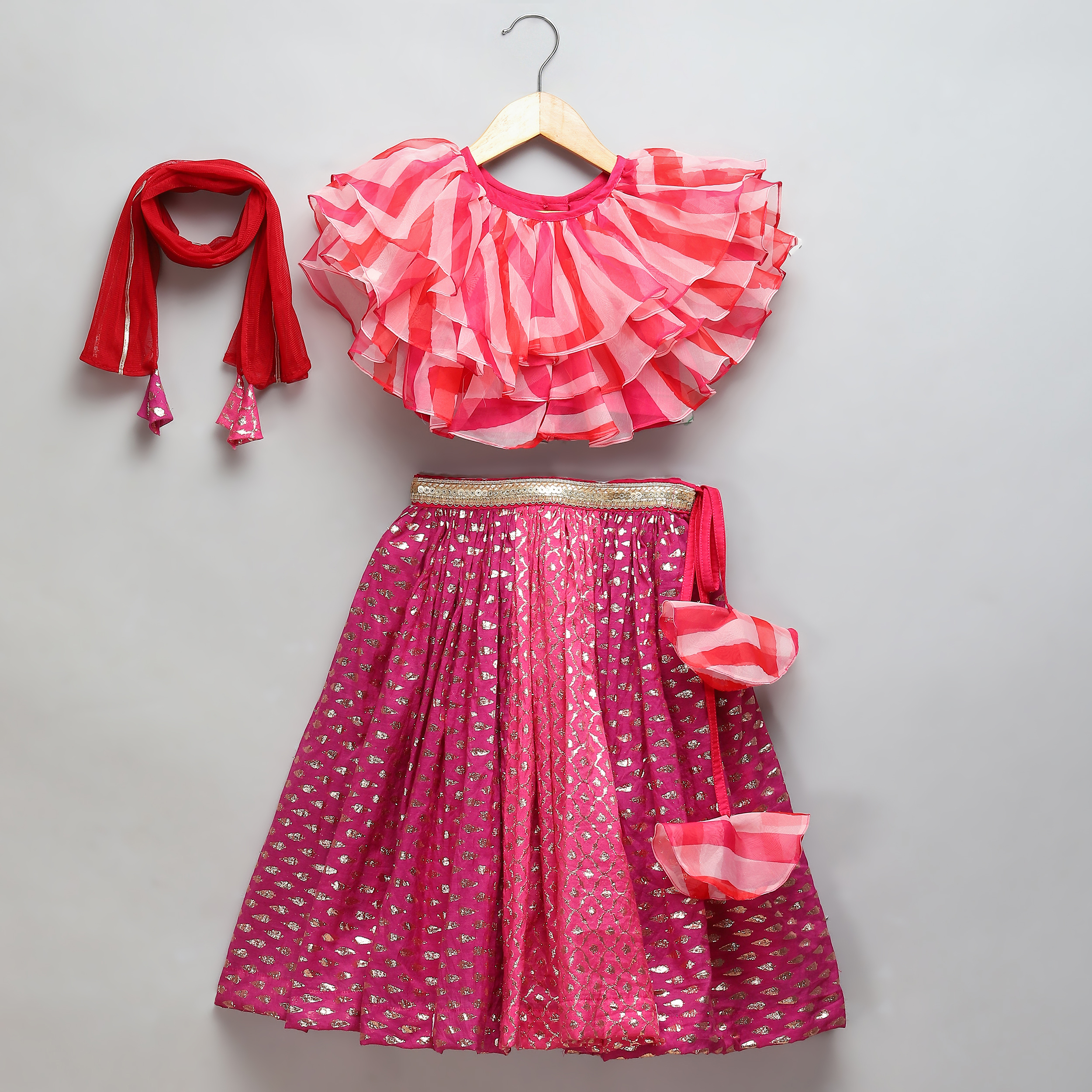 Pink Lehriya frill blouse and chanderi Lehnga set-https://i-media.vyaparify.com/vcards/products/41562/1.jpg Image