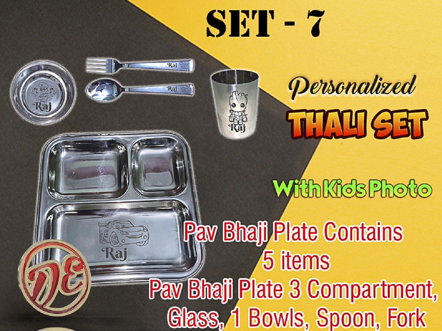 Deekshita Metal Customized Pav-bhaji Plate with Name and Cartoon Face Engraving-https://i-media.vyaparify.com/vcards/products/42767/7.jpg Image