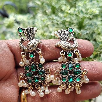 Gold Plated Peacock Design Stone Studded with Hanging Pearl Fashion Antique Earring-https://i-media.vyaparify.com/vcards/products/47141/product_1718084491.png Image