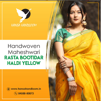 Handwoven Maheshwari Rasta Bootidar Haldi Yellow Saree | Traditional Elegance-https://i-media.vyaparify.com/vcards/products/59201/product_1723533278.png Image