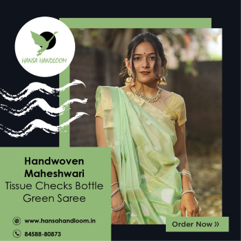 Handwoven Maheshwari Tissue Check Saree | Bottle Green Elegance-https://i-media.vyaparify.com/vcards/products/59214/product_1723534022.png Image