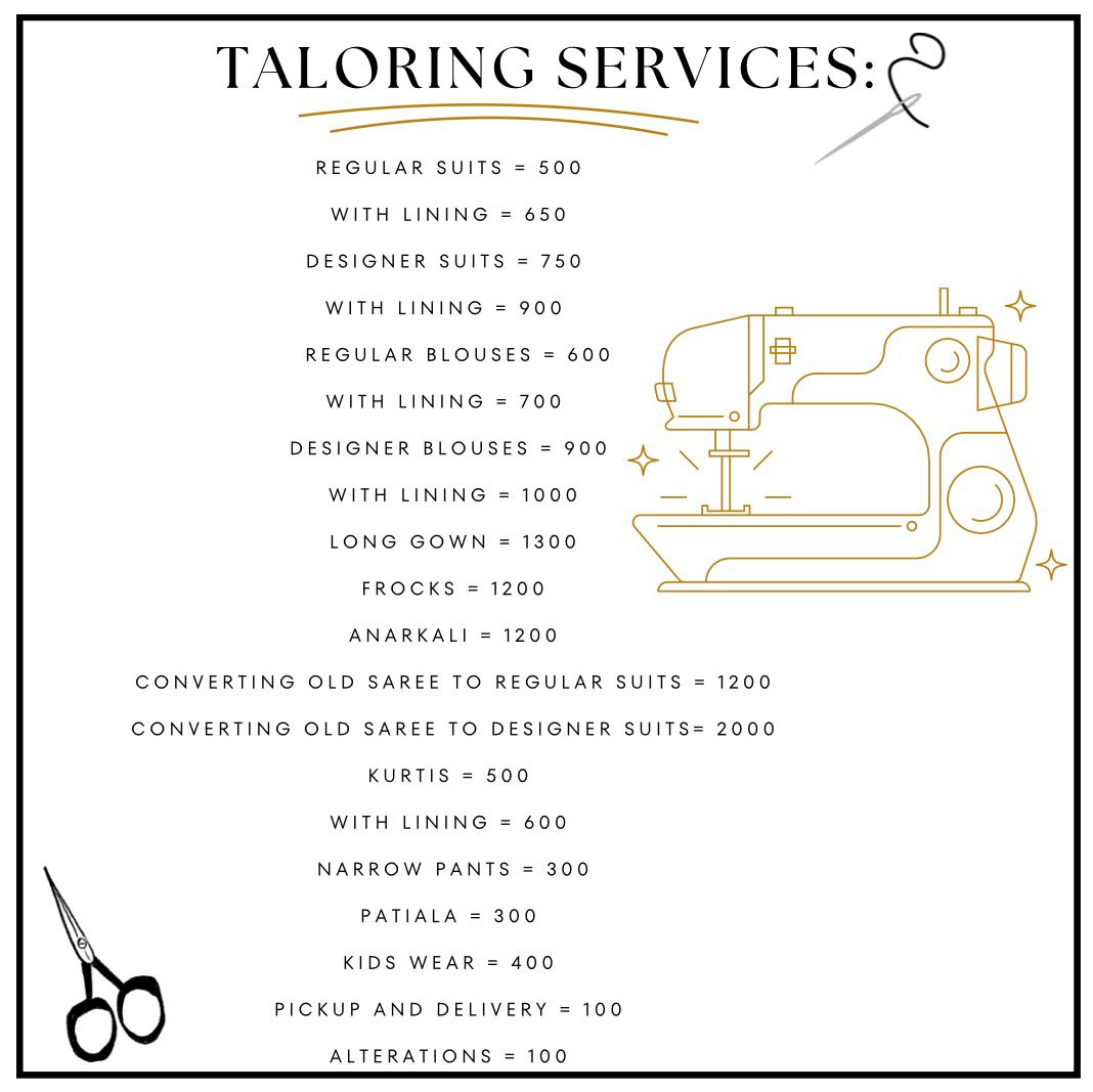 Tailoring Services: Customized Clothing Solutions Rida Boutique 303,ahmedi Residency, 
State Bank Of India Building, 
New Aghapura, 
Hyderabad