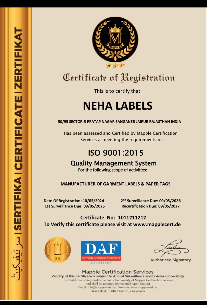 NEHA LABELS - ISO CERTIFIED COMPANY | Specialized Manufacturer & Dealer Of Tags And Labels For Garments | Pratap Nagar , Sanganer Jaipur
